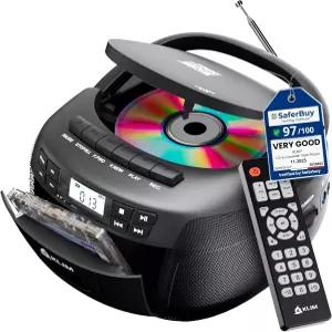 KLIM CD 카세트 테이프 플레이어 블루투스 붐박스 AM/FM 라디오 스테레오 사운드 리모컨 및 콤보 녹음 USB