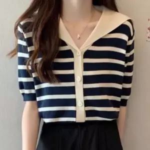 세일러 카라 스트라이프 가디건 여성 여름 반팔 니트 세련된 상의 마린룩 포인트 외투