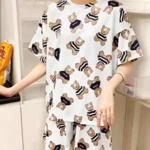 (색상1 달달복숭아+크림베어)귀여운 잠옷 세트 여름 여성 2p 크림곰 복숭아