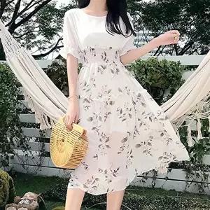 편한원피스 쉬폰 투피스st 원피스 허리 스모크밴딩 플레어 스커트