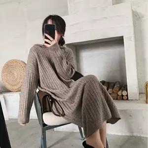 니트 데일리 원피스 왕골지 후드 루즈핏 롱 여자