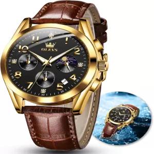 OLEVS 남성용 시계 브라운 가죽 캐주얼 대형 페이스 크로노그래프 스포츠 방수 비즈니스 드레스 아날로그