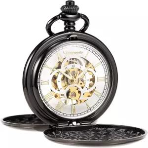 트리웨토 남성용 기계식 포켓 워치 빈티지 스팀펑크 매끄러운 더블 케이스 로마 숫자 포브 시계 체인 박스