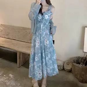 랩원피스 플라워 프릴 나시 롱원피스 스모크밴딩 플레어 스커트