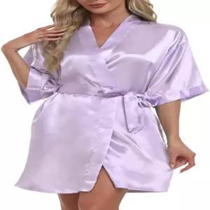 여성용 쇼트 로브 실키 새틴 퓨어 컬러 목욕 가운 신부 들러리 파티 기모노 브이넥 슬립웨어 주머니 포함