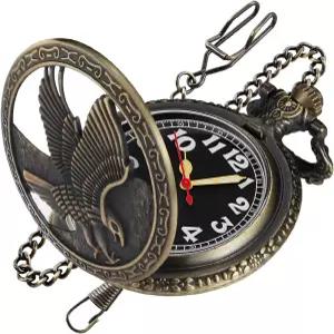 리얼푸 할로우 아웃 이글 쿼츠 남성용 포켓 워치 체인 포함된 아랍 숫자 다이얼