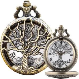 더마흐트 포켓 워치 속이 빈 나무 디자인 로마 숫자 쿼츠 체인 포함