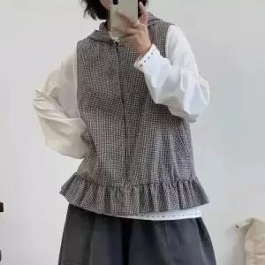 캐주얼 여성 트렌디 아이템 조끼 후드 체크 계 집업 민소매 톱 HT1