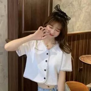 여름 브이넥 크롭 반팔 니트 가디건 미니 기장 포인트룩