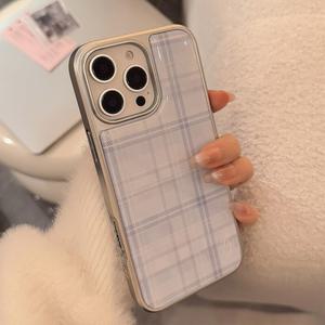 블루 그리드 패턴 접착제 실버 도금 프레임 커버 케이스 iPhone 16 15 14 13