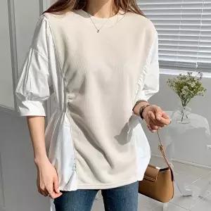 [옷자락]여자 라운드넥 미들니트 배색 허리셔링 블라우스