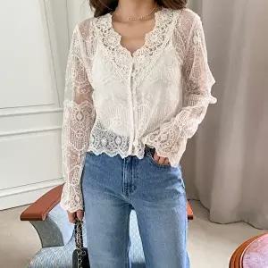 [옷자락]여자 자수 레이스 시스루 브이넥 블라우스