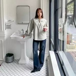 [옷자락]여자 라운드넥 트임 리본 퍼프 소매 셔츠 블라우스