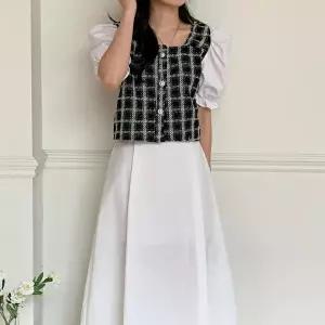 [옷자락]여자 스퀘어넥 트위드 진주버튼 코튼소매 반팔 블라우스