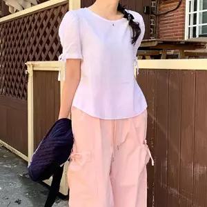 [옷자락]여자 라운드넥 도트 패턴 소매 리본 반팔 블라우스