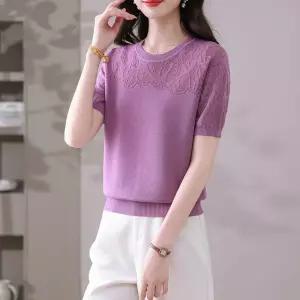 롱 니트 여름 상의 쿨링 슬림핏 티셔츠 펀칭 반팔 레이스 여자루즈핏티셔츠 ible2