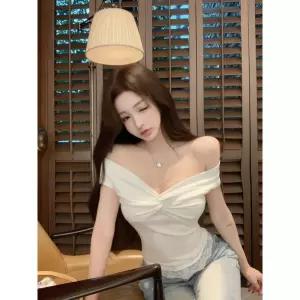 롱 여름 상의 숄더 슬림핏 오프숄더 일자 레이스 브이넥 티셔츠 여자루즈핏티셔츠 ible2