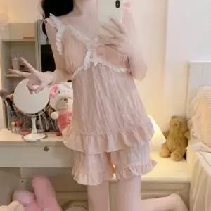 여성 여름 잠옷 프릴 핑크 나시 반바지 파자마