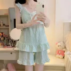 여성 여름 잠옷 프릴 그린 나시 반바지 파자마