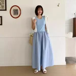 [옷자락]여자 라운드넥 민소매 레이어드 롱 원피스