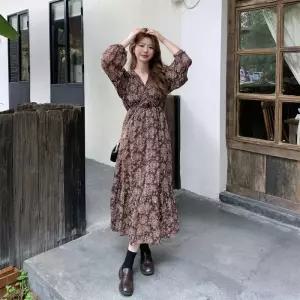 에네로 원피스 빅사이즈 프렌치 초가을 브이넥 긴팔 하이웨스트 여성쉬폰원피스 UNO3