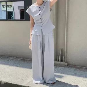 [옷자락]여자 린넨 민소매 블라우스 밴딩 와이드 팬츠 세트