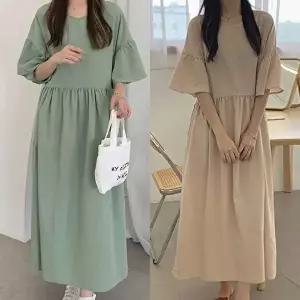 반팔원피스 린넨 원피스 라운드넥 프릴 와이드소매 플레어 스커트