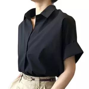캐주얼블라우스 여름블라우스 루즈핏 오픈카라 데일리 여성 캐주얼 무지 셔츠 5부 여름 블라우스 반팔