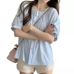 캐주얼블라우스 여성 여름블라우스 시원한룩 여름 셔츠 노카라 루즈핏 셔링 플레어 블라우스 캐주얼