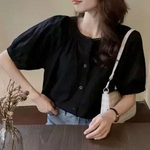 ( )여름블라우스 하객 반팔블라우스 블라우스 정장 깔끔한 여름 시원한 블랙 소재 반팔 여성 이너