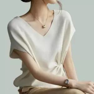 크림 여름 쿨 티 브이넥 니트 반팔 셔츠 여름 반팔 니트 티 여성