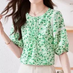 ( )여름블라우스 여성 여름 꽃무늬 플라워 반팔 블라우스 그린 반팔블라우스