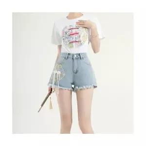 마킷3 여자 청 여름 반바지 A라인 차이나스타일 개성 핫팬츠 청반바지 숏 청바지 자수 JEN2