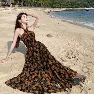 원피스 스커트 여름 빈티지 홀터넥 A라인 잔꽃무늬 롱스커트 플라워 프렌치 바캉스풍 프린트 ible2