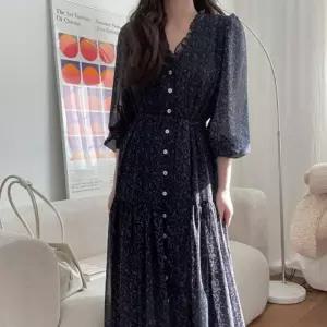 여성 봄 가을 브이넥 셔링 긴팔 롱 원피스 네이비 퍼프소매 휴양지 룩 하객 봄쉬폰
