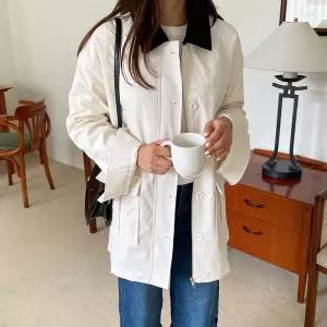 여자 콘트라스트 히든지퍼 트렌치 카라 박스핏 자켓