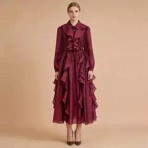 원피스 여성용 쉬폰 봄가을 롱스커트 슬림핏 페미닌 긴팔 하객룩 DUCHI1