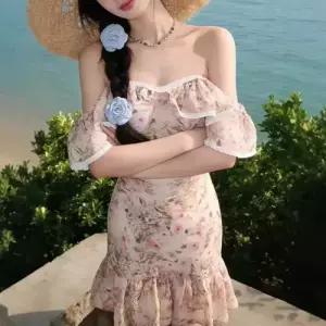 원피스 여친 빈티지 오프숄더 봄가을 해변 바캉스룩 일자어깨 예쁜 어깨라인 DUCHI2