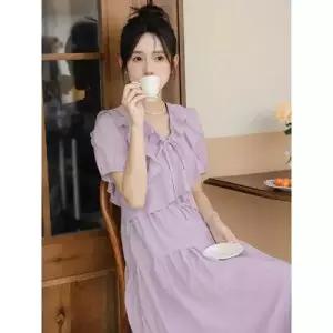 원피스 여성용 얇은 퍼프 반팔 쉬폰 프렌치 사계절 롱스커트 브이넥 DUCHI2