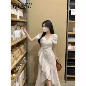 원피스 여성용 바캉스룩 언밸런스 롱스커트 쉬폰 A라인 브이넥 DUCHI1