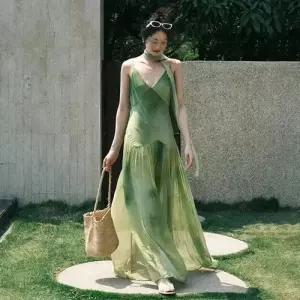 여사친 원피스 치마 초록 쉬폰 프렌치 나염 넥 사계절 섬 해변 바캉스룩 DUCHI2