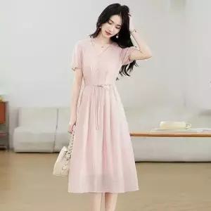 여자 스커트 원피스 롱 핑크 여름 쉬폰 스트링 브이넥 반팔 DUCHI2