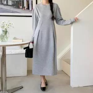 [옷자락]여자 라운드넥 어깨 퍼프 핀턱 골지 롱 원피스