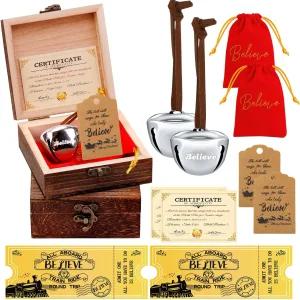 Fulasiteu 2 세트 크리스마스 믿음의 종 장식품 1.8인치 폴라 썰매 산타 선물 레드벨벳 가방 익스프레스