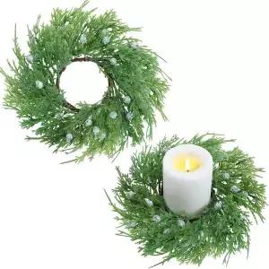 크리스마스 테이블 중앙 장식용 기둥 인공 양초 홀더용 니트그립 시더 캔들 링 2개 화환 4인치 주니퍼 베리