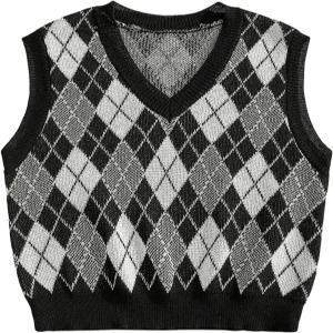 보드럼 남성 격자무늬 기하학적 민소매 니트 스웨터 V넥 크로셰 풀오버 조끼