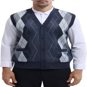 레몬걸 남성 격자무늬 브이넥 가디건 스웨터 조끼 민소매 버튼 캐주얼 니트