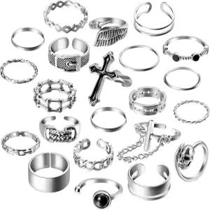 팬타이드 빈티지 펑크 링 세트 고딕 너클 미디 조절 가능 합금 체인 벨트 크로스 스태커블 핑거 하프 오픈