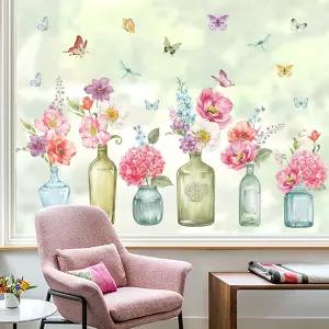 원더버 봄 여름 꽃 창문 클링 플로럴 병 나비 유리 스티커 데칼 충돌 방지 양면 정적 가정용