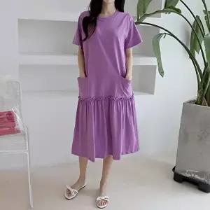 [유야]여성 면 무지 포켓 셔링 프릴 반팔 롱 원피스 SOP0342 여름